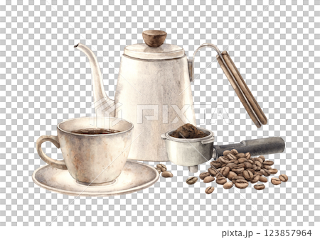 Mug with aromatic coffee, ceramic teapot, roasted beans and coffee machine horn with ground coffee. Watercolor isolated illustration for branding cafes, shops, coffee products, postcards, textiles 123857964