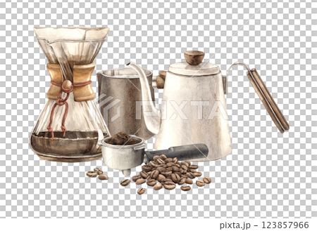 Ceramic teapot, glass flask filter for brewing coffee, roasted beans and horn from coffee machine. Watercolor isolated illustration for branding cafes, shops, coffee products, postcards, textiles 123857966