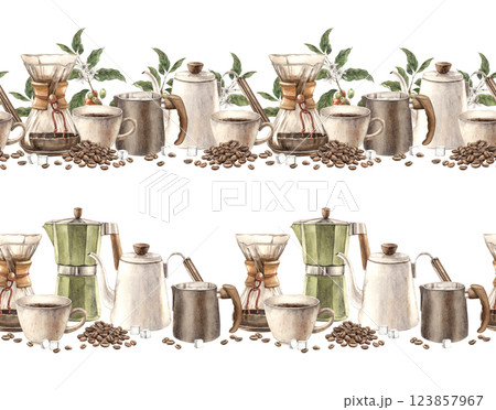 Cup of coffee, white teapot, metal milk jug, glass filter and green branches of coffee tree, roasted beans and sugar cubes. Set of two isolated seamless horizontal banner templates for shops and cafes Cup of coffee, white teapot, metal milk jug, glass filter and green branches of coffee tree, roasted beans and sugar cubes. Set of two isolated seamless horizontal banner templates for shops and cafes 123857967
