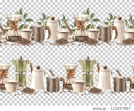 Cup of coffee, white teapot, metal milk jug, glass filter and green branches of coffee tree, roasted beans and sugar cubes. Set of two isolated seamless horizontal banner templates for shops and cafes 123857967