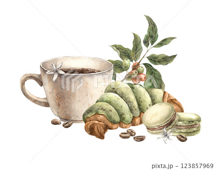 Sweet pastries croissant and macaroon cookies, mug with aromatic coffee, roasted beans and coffee branch. Hand-painted watercolor composition for branding of shops, cafes, packaging, wrappers, banners Sweet pastries croissant and macaroon cookies, mug with aromatic coffee, roasted beans and coffee branch. Hand-painted watercolor composition for branding of shops, cafes, packaging, wrappers, banners 123857969