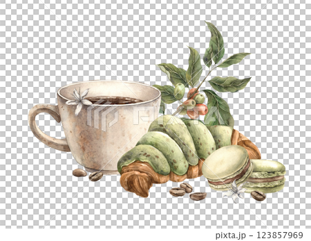 Sweet pastries croissant and macaroon cookies, mug with aromatic coffee, roasted beans and coffee branch. Hand-painted watercolor composition for branding of shops, cafes, packaging, wrappers, banners Sweet pastries croissant and macaroon cookies, mug with aromatic coffee, roasted beans and coffee branch. Hand-painted watercolor composition for branding of shops, cafes, packaging, wrappers, banners 123857969