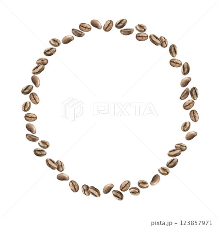 Roasted brown aromatic coffee beans. Watercolor round wreath or frame of beans arranged in a circle on an isolated background. Suitable for decorating coffee shops, restaurants, menus, postcards 123857971