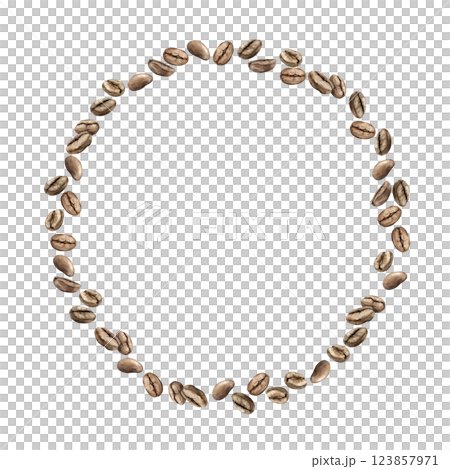 Roasted brown aromatic coffee beans. Watercolor round wreath or frame of beans arranged in a circle on an isolated background. Suitable for decorating coffee shops, restaurants, menus, postcards 123857971