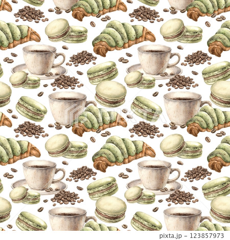 Ceramic cup with aromatic coffee, pistachio macaroons, fresh croissant and roasted beans. Watercolor seamless pattern on a coffee theme on a white background, for the design of shops, cafes, postcards 123857973