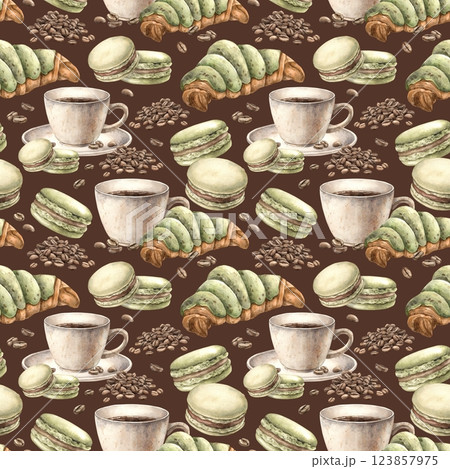 Ceramic cup with aromatic coffee, pistachio macaroons, fresh croissant and roasted beans. Watercolor seamless pattern on isolated brown background, for decorating shops, cafes, banners, postcards 123857975