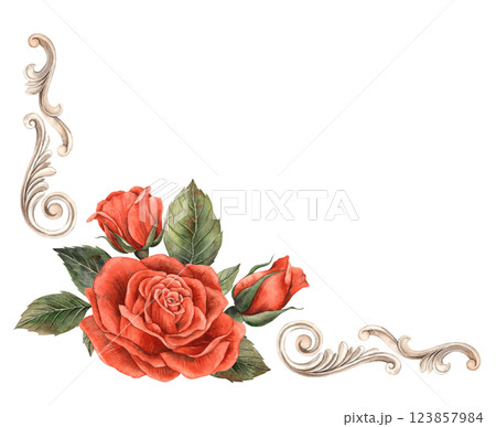 Vintage baroque frame with swirls and red bright roses with leaves. Watercolor hand-drawn frame illustration for wedding, Valentine's Day, anniversary, birthday, invitations, cards, posters, banners Vintage baroque frame with swirls and red bright roses with leaves. Watercolor hand-drawn frame illustration for wedding, Valentine's Day, anniversary, birthday, invitations, cards, posters, banners 123857984