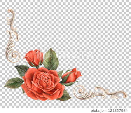 Vintage baroque frame with swirls and red bright roses with leaves. Watercolor hand-drawn frame illustration for wedding, Valentine's Day, anniversary, birthday, invitations, cards, posters, banners 123857984