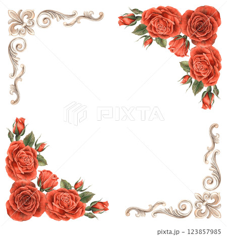Vintage baroque frame with swirls and red bright roses with leaves. Watercolor square hand drawn frame illustration for wedding, Valentine's Day, anniversary, birthday, invitations, cards, posters Vintage baroque frame with swirls and red bright roses with leaves. Watercolor square hand drawn frame illustration for wedding, Valentine's Day, anniversary, birthday, invitations, cards, posters 123857985