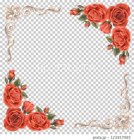 Vintage baroque frame with swirls and red bright roses with leaves. Watercolor square hand drawn frame illustration for wedding, Valentine's Day, anniversary, birthday, invitations, cards, posters Vintage baroque frame with swirls and red bright roses with leaves. Watercolor square hand drawn frame illustration for wedding, Valentine's Day, anniversary, birthday, invitations, cards, posters 123857985
