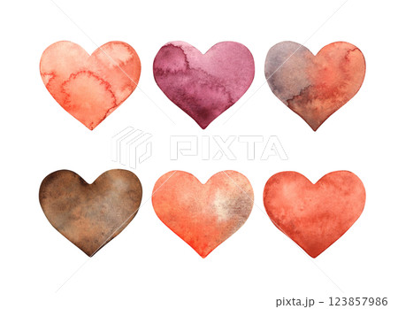 Set of different hearts in red, pink, brown and crimson. Watercolor set of hand-drawn illustrations for design and souvenir products of holidays: Birthday, wedding, Valentine's Day, anniversary. 123857986