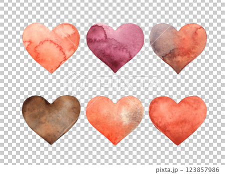 Set of different hearts in red, pink, brown and crimson. Watercolor set of hand-drawn illustrations for design and souvenir products of holidays: Birthday, wedding, Valentine's Day, anniversary. 123857986