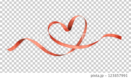 Red satin silk ribbon arranged in the shape of a heart. Watercolor illustration hand-drawn on an isolated background. Suitable for design Birthday, wedding, Valentine's Day, invitations, cards 123857991