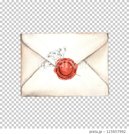 White envelope with red embossed seal and white gypsophila flower. Watercolor illustration in vintage style, for design of cards, invitations for birthday, wedding, Valentine's Day, anniversaries White envelope with red embossed seal and white gypsophila flower. Watercolor illustration in vintage style, for design of cards, invitations for birthday, wedding, Valentine's Day, anniversaries 123857992
