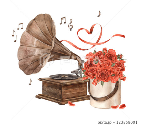 Vintage old gramophone with a bouquet of red roses, music playing, notes flying and a satin ribbon in the shape of a heart. Watercolor illustration for wedding, Valentine's Day, anniversary, cards. Vintage old gramophone with a bouquet of red roses, music playing, notes flying and a satin ribbon in the shape of a heart. Watercolor illustration for wedding, Valentine's Day, anniversary, cards. 123858001