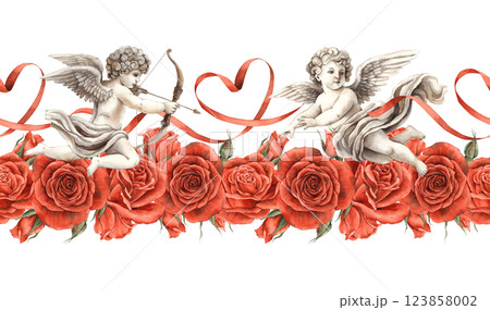 Border of red velvet roses with flying angels-cupids and graceful silk ribbons in the shape of hearts. Watercolor seamless border for decoration of banners, invitations for weddings, Valentine's Day,  123858002