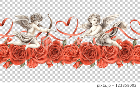 Border of red velvet roses with flying angels-cupids and graceful silk ribbons in the shape of hearts. Watercolor seamless border for decoration of banners, invitations for weddings, Valentine's Day,  123858002