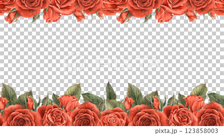 Velvet red bright roses with unblown buds and green leaves. Watercolor template with space for text. Suitable for decorating postcards, invitations, banners for weddings, Valentine's Day, birthdays 123858003
