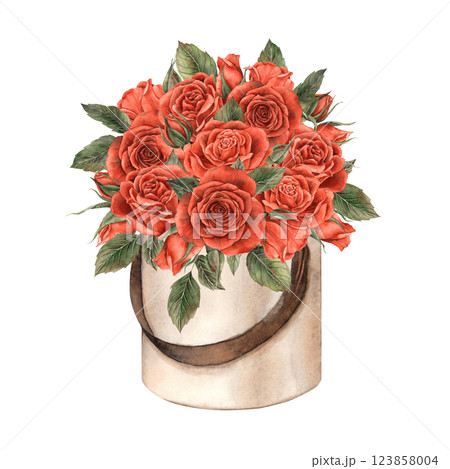 A bouquet of velvet red roses with green leaves in a round beige box. Watercolor illustration in vintage style, suitable for decorating flower shops, wedding design, Valentine's Day, postcards banners 123858004