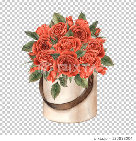 A bouquet of velvet red roses with green leaves in a round beige box. Watercolor illustration in vintage style, suitable for decorating flower shops, wedding design, Valentine's Day, postcards banners A bouquet of velvet red roses with green leaves in a round beige box. Watercolor illustration in vintage style, suitable for decorating flower shops, wedding design, Valentine's Day, postcards banners 123858004