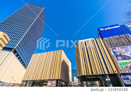 日本の東京都市景観2月11日 （賑わう）青空に映える池袋駅東口にあるハレザ池袋やアニメイトなどを望む 123858188