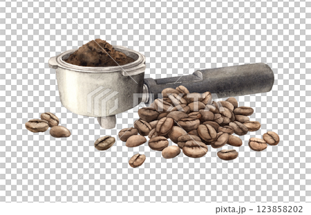 Portafilter, holder with ground coffee and roasted processed beans. Watercolor illustration, hand-drawn on isolated background. For design of shops and cafes, banners, postcards, packaging 123858202