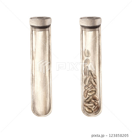 Glass long empty flask with lid and filled flask with roasted aromatic coffee beans. Watercolor set of isolated hand-drawn drawings. Suitable for decorating shops, cafes, banners, postcards Glass long empty flask with lid and filled flask with roasted aromatic coffee beans. Watercolor set of isolated hand-drawn drawings. Suitable for decorating shops, cafes, banners, postcards 123858205