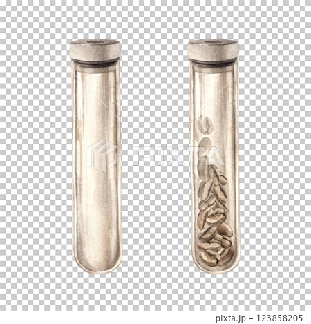Glass long empty flask with lid and filled flask with roasted aromatic coffee beans. Watercolor set of isolated hand-drawn drawings. Suitable for decorating shops, cafes, banners, postcards Glass long empty flask with lid and filled flask with roasted aromatic coffee beans. Watercolor set of isolated hand-drawn drawings. Suitable for decorating shops, cafes, banners, postcards 123858205