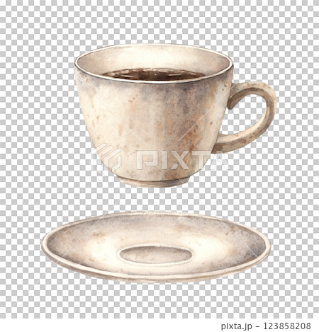 A mug of aromatic hot coffee with a white saucer. Watercolor illustration, hand-drawn on an isolated background. The drawing is suitable for decorating coffee shops, restaurants, menus, postcards A mug of aromatic hot coffee with a white saucer. Watercolor illustration, hand-drawn on an isolated background. The drawing is suitable for decorating coffee shops, restaurants, menus, postcards 123858208