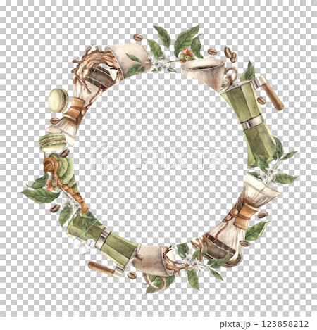 A mug of aromatic coffee, coffee maker, filter, beans with berries and twigs, sweet croissant and macaroons. Watercolor round frame for decorating coffee shops, bistros, menus, posters, packaging 123858212