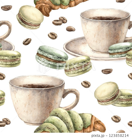 Ceramic cup with aromatic coffee, pistachio macaroons, French croissant with roasted beans. Watercolor endless and seamless pattern on coffee theme, for decorating shops, cafes, banner, postcard 123858214