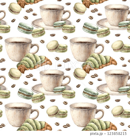 White mug with aromatic coffee, pistachio macaroons. Watercolor seamless pattern on a coffee theme with a croissant and roasted coffee beans. Suitable for decorating shops, cafes, banners, postcards White mug with aromatic coffee, pistachio macaroons. Watercolor seamless pattern on a coffee theme with a croissant and roasted coffee beans. Suitable for decorating shops, cafes, banners, postcards 123858215
