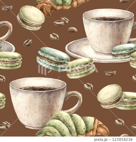 Ceramic cup with aromatic coffee, pistachio macaroons, French croissant with roasted beans. Watercolor endless and seamless pattern on coffee theme, for decorating shops, cafes, banner, postcard 123858216