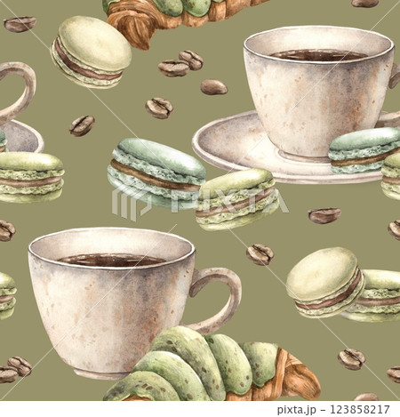 Ceramic cup with aromatic coffee, pistachio macaroons, French croissant with roasted beans. Watercolor seamless pattern on a green background, for the design of shops, cafes, banners, postcards Ceramic cup with aromatic coffee, pistachio macaroons, French croissant with roasted beans. Watercolor seamless pattern on a green background, for the design of shops, cafes, banners, postcards 123858217