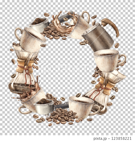Mug of aromatic coffee, coffee maker, filter, beans and portafilter. Watercolor round wreath on isolated background hand drawn, for decorating coffee shops, bistros, menus, posters, packaging. Mug of aromatic coffee, coffee maker, filter, beans and portafilter. Watercolor round wreath on isolated background hand drawn, for decorating coffee shops, bistros, menus, posters, packaging. 123858221