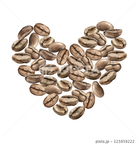 Roasted aromatic brown coffee beans. Heart-shaped composition of beans. Hand-drawn watercolor illustration on isolated background, for product packaging design, stores, cafes, menus Roasted aromatic brown coffee beans. Heart-shaped composition of beans. Hand-drawn watercolor illustration on isolated background, for product packaging design, stores, cafes, menus 123858222