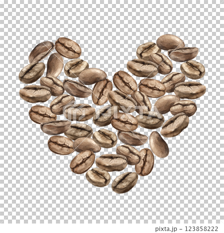 Roasted aromatic brown coffee beans. Heart-shaped composition of beans. Hand-drawn watercolor illustration on isolated background, for product packaging design, stores, cafes, menus Roasted aromatic brown coffee beans. Heart-shaped composition of beans. Hand-drawn watercolor illustration on isolated background, for product packaging design, stores, cafes, menus 123858222