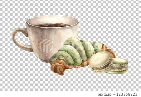 Ceramic mug with aromatic coffee, macaroons and croissant with pistachio glaze. Watercolor illustration, hand-drawn on isolated background. For decorating shops, cafes, banners, postcards, invitations 123858223