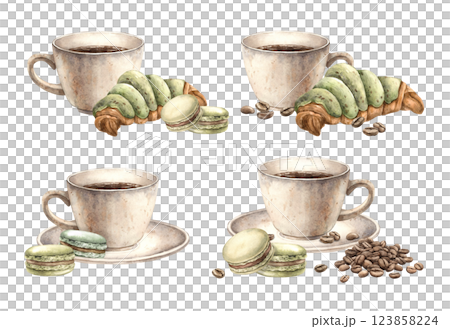 Ceramic mug with coffee, macaroons and croissant with pistachio glaze, roasted coffee beans. Watercolor set of hand-drawn illustrations. For the design of shops, cafes, banners, postcards, invitations Ceramic mug with coffee, macaroons and croissant with pistachio glaze, roasted coffee beans. Watercolor set of hand-drawn illustrations. For the design of shops, cafes, banners, postcards, invitations 123858224