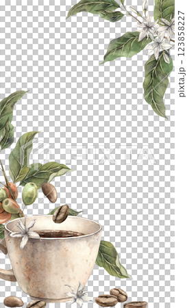 A cup of aromatic coffee with roasted beans. Botanical branches with flowers and unripe fruits of the coffee tree. Watercolor composition for the design of a cafe and a store, a postcard, a banner A cup of aromatic coffee with roasted beans. Botanical branches with flowers and unripe fruits of the coffee tree. Watercolor composition for the design of a cafe and a store, a postcard, a banner 123858227