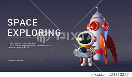Space exploring 3d banner with rocket, astronaut, ufo alien spaceship. Cute spaceman holding saucer on dark render background. Concept of travel and search for extraterrestrial life. 3D illustration 123858287