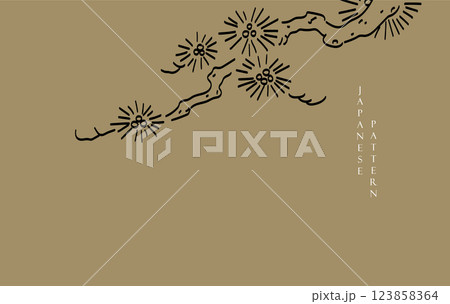 Japanese background with Asian traditional icon vector. Black and white bonsai tree or pine tree elements. Natural art with brown background in vintage style. 123858364