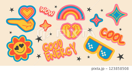 Groovy retro stickers set isolated on background 123858508
