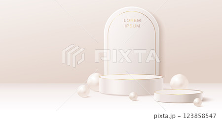 White arch frame with cylindrical podium steps White arch frame with cylindrical podium steps 123858547