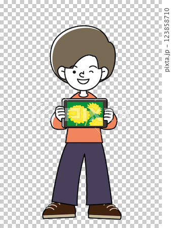 タブレット(タンポポの接写)を持って笑顔を浮かべている子供のベクターイラスト タブレット(タンポポの接写)を持って笑顔を浮かべている子供のベクターイラスト 123858710