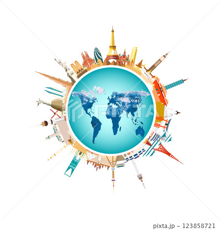 Travel landmarks world with world map background in circle. 123858721
