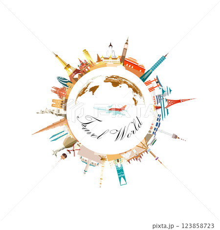 Travel landmarks world with world map and architecture in circle background. 123858723