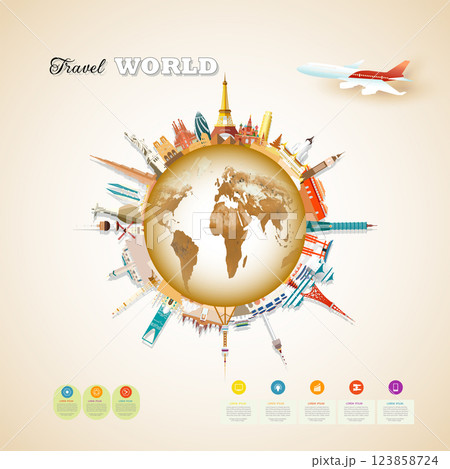 Travel landmarks world with architecture in circle background. 123858724