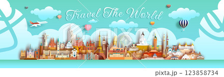 Travel the world famous ancient landmarks architecture for infographic advertising. 123858734