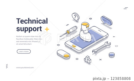 Technical support web banner template featuring isometric design and tools Technical support web banner template featuring isometric design and tools 123858808